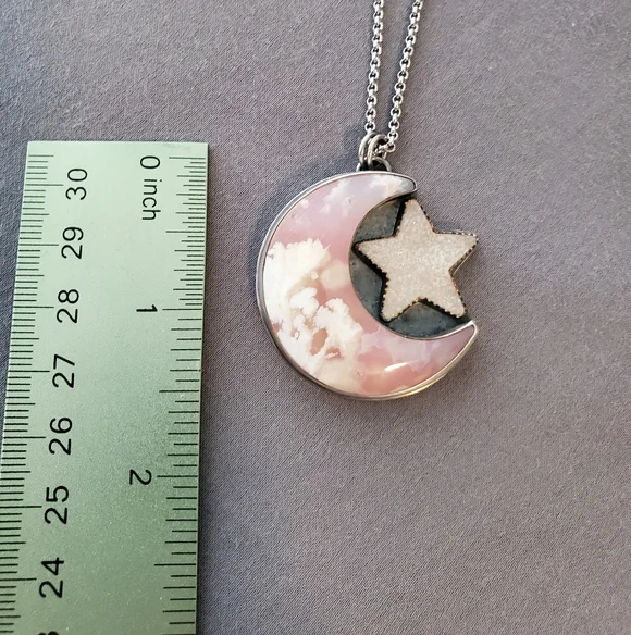 Sterling Silver Plume Agate Moon With Druzy Quartz Star Necklace Ooak Handmade - Picture 2 of 7